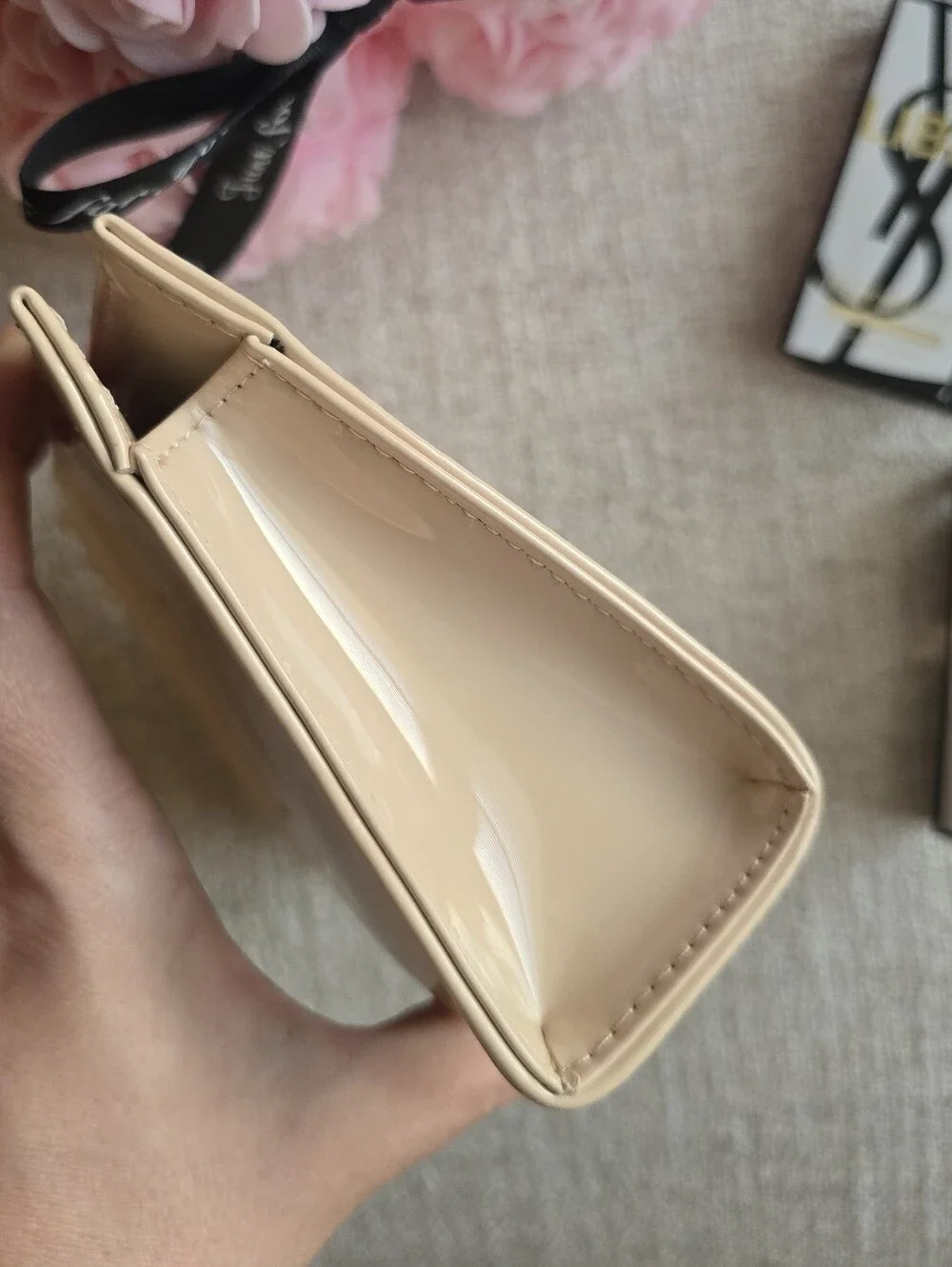 YSL BEAUTE Patent Blush Pink Cosmetic Bag Pouch With 2 YSL Perfume Samples